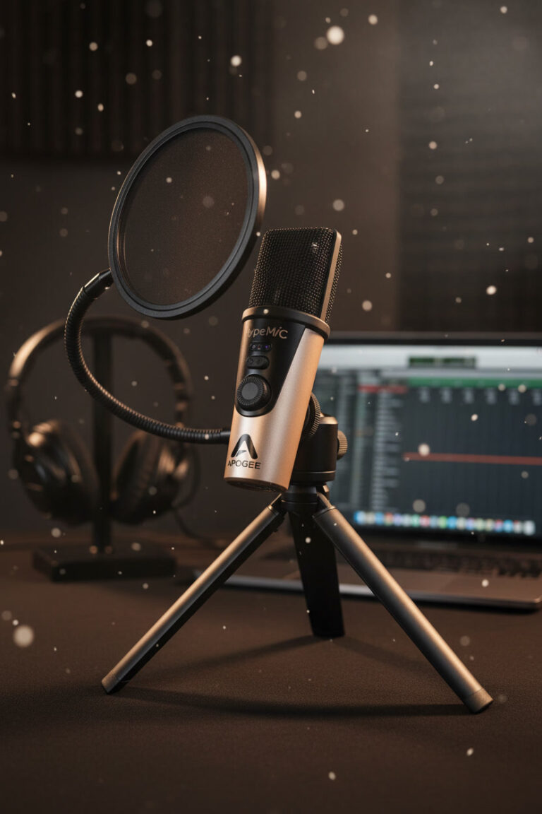 Micrófono Apogee HypeMic usado por Camila para grabaciones portátiles de alta calidad.