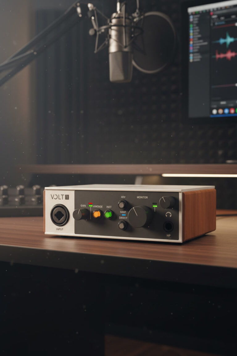 Interfaz de audio Universal Audio Volt 1 en el estudio de grabación de Camila.