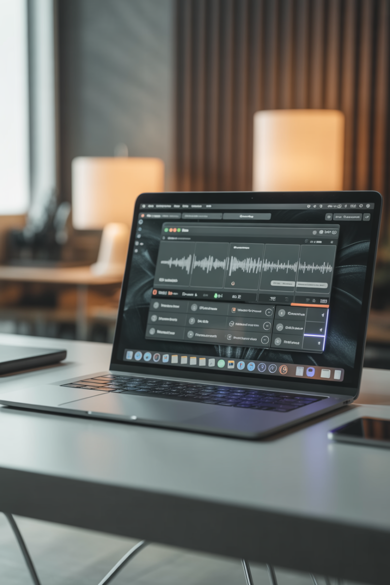 Laptop Apple con el software Source-Connect abierto en el estudio de grabación de Camila.