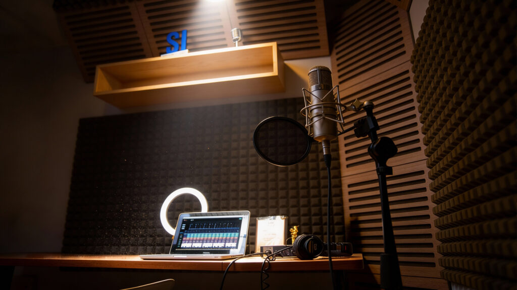 Espacio profesional de voiceover de Camila completamente equipado para grabación de voz.
