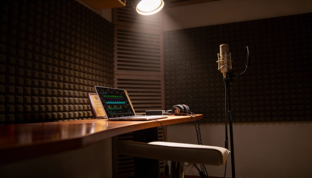 Estudio de grabación de Camila con micrófono Neumann, interfaz Universal Audio y cabina tratada acústicamente.